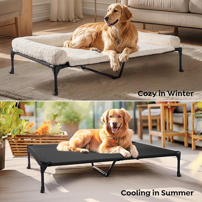 Veehoo Cooling Elevated Dog Bed Add Removable Deluxe Rose Plush Bolster Cushion Mat, 53" x 33" Washable Dog Couch Bed, Raised Pet Cot with Breathable Teslin Mesh, No-Slip Feet, White, CWC2439B