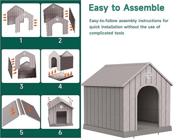 Vixzen Large Outdoor Dog House,Durable Water Resistant Resin Dog House,Doghouse for Small to Large Dogs Indoor or Outside,with Openable Windows and Elevated Floor,Gray