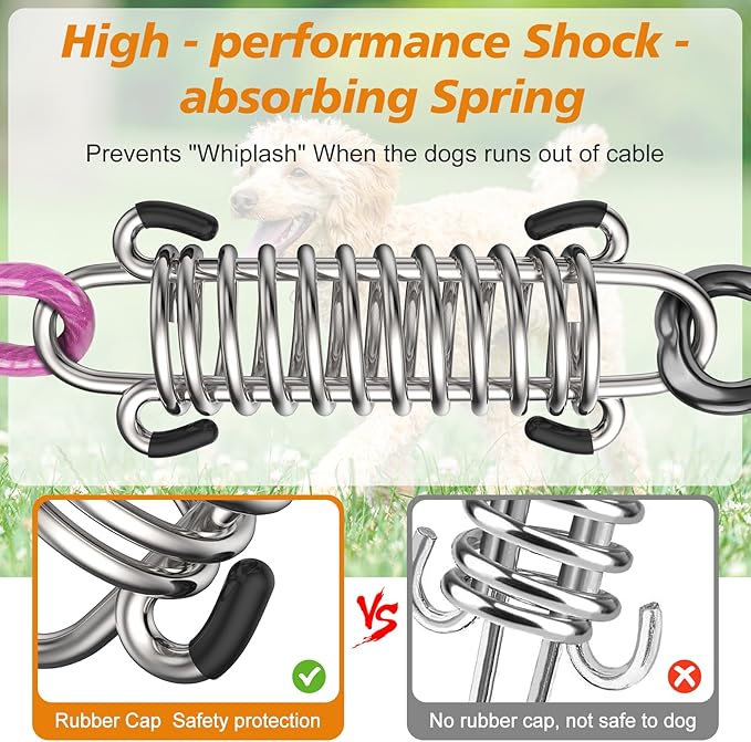 Tresbro 40 FT Dog Tie Out Cable with Spring, Shock Absorbing Tether Chains for Outside Aavilable in 10/15/20/25/30/40/50/70/100/120 FT, Heavy Duty Leads for Yard for Medium & Large Dogs Up to 500 LBS