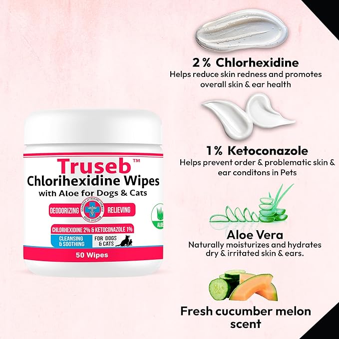 Truseb Topical Ketoconazole and Chlorhexidine Wipes for Dogs, Cats and Horses - with Aloe for Cleansing - 50 Count (Ketoconazole & Chlorhexidine Wipes, 50 Count)