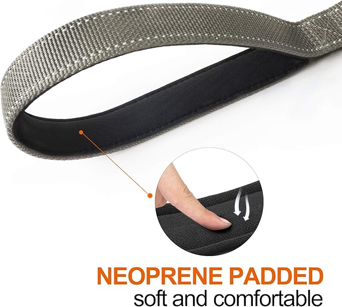 TwoEar 4FT 1IN Strong Gray Dog Leash with 2 Padded Handles, Traffic Handle Extra Control, Comfortable Soft Dual Handle, Auto Lock Hook, Reflective Walking Lead for Small Medium and Large Dogs
