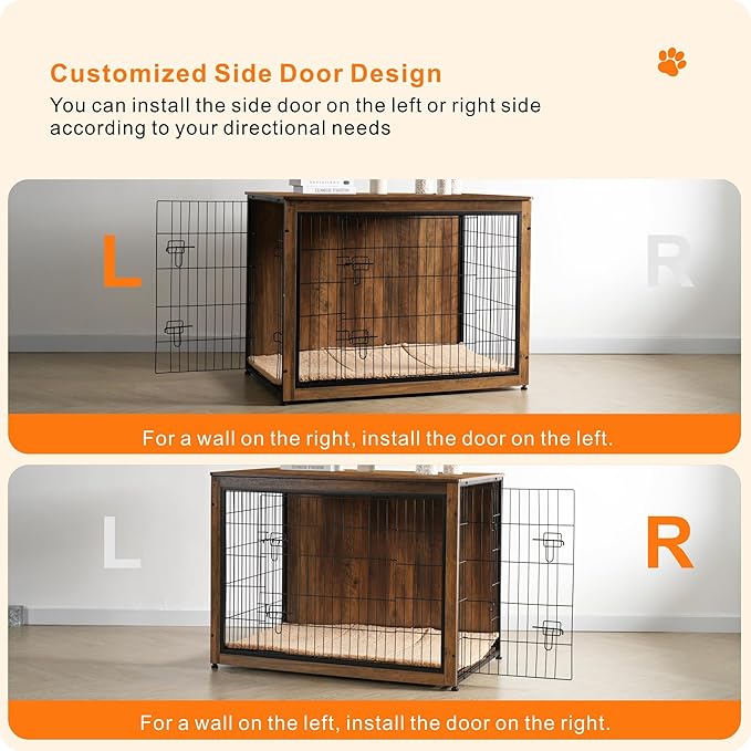 DWANTON Dog Crate Furniture with Cushion, Wooden Kennel Table with Double Doors, Indoor Dog House, Extra Large, 43.3" L, Warm Brown