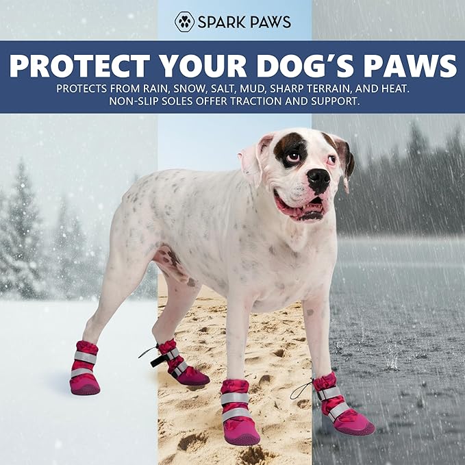 Spark Paws Dog Shoes, Waterproof Dog Boots for Medium to Large Dogs, Non Slip, Breathable Dog Booties and Paw Protectors - 4PCS Doggie Hiking Boots with Reflective Straps, Pink Camo, Size 8