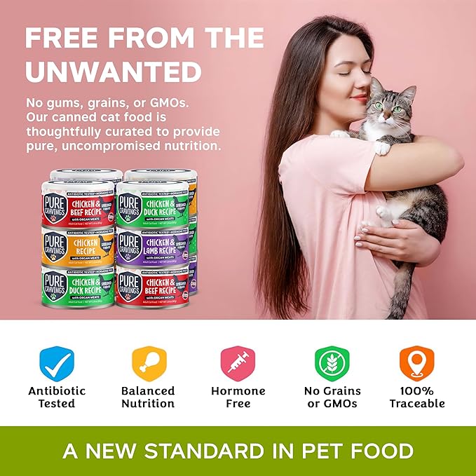 Chicken Recipe in Broth, Shredded Wet Cat Food, Variety Flavor Pack: Chicken, Lamb, Duck, Beef; Grain-Free Protein, Non-GMO