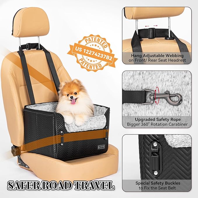 PETSFIT Small Dog Car Seat, Waterproof PU Leather Dog Carseat with Patent Safe Buckles, Clip-On Leash, Car Seat for Dogs, Cats Up to 25 lbs (Glossy Black)