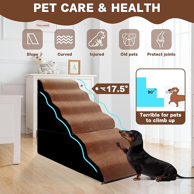 Dog Steps for High Beds 30-32" H - 6-Step Dog Stairs for Small Dogs, 33D Foam Pet Steps for High Bed with Non-Slip Bottom and Washable Cover, Dogs Ramp for Bed Indoor, Brown