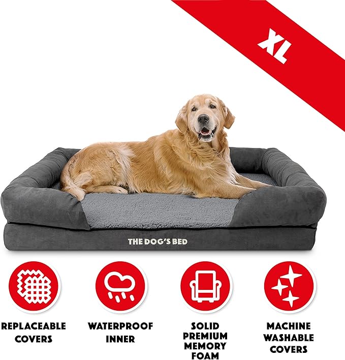 The Dog’s Bed, XL Grey Plush 43.5x34,Solid Memory Foam, Pain Relief: Arthritis, Hip & Elbow Dysplasia, Post Surgery, Lameness, Supportive, Calming, Waterproof Washable Cover, Veterinary Approved