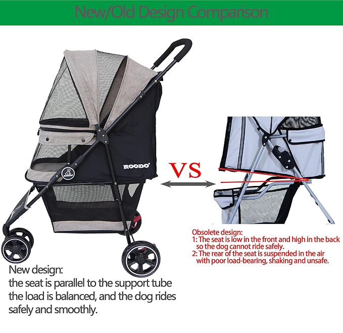 ROODO 3 Wheel Dog Pet Cat Stroller Best Lightweight Foldable Compact Portable Jogger All Terrain Travel Pet Gear Puppy Kitty Stroller for up to 30lbs Medium Small Dogs and Cats(Light Khaki)