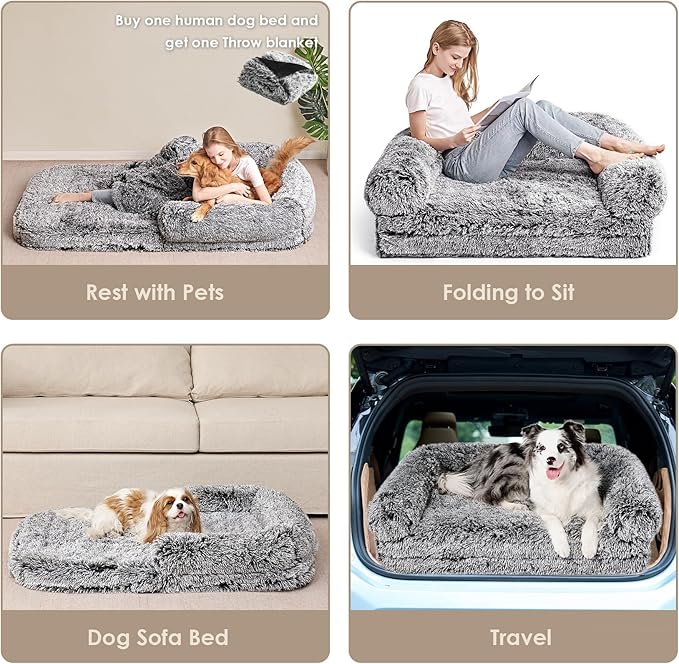 EHEYCIGA Foldable Human Dog Bed, Orthopedic Memory Foam Human Sized Dog Bed, Waterproof Pet Bed for People, Faux Fur Pet Couch for Adult, Faded Black, 72"x44"x11"