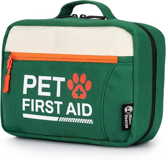 RHINO RESCUE Pet First Aid Kit, Emergency Medical Supplies for Dogs & Cats, Safety Essentials Pack with Thermometer, Disposable Booties for Home, Hiking, Traveling & Camping