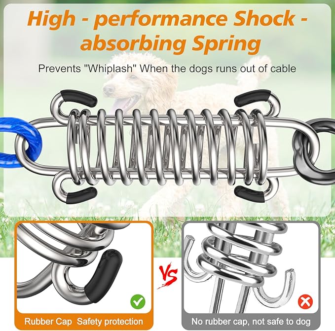 Tresbro 15 FT Dog Tie Out Cable with Spring, Shock Absorbing Tether Chains for Outside Aavilable in 10/15/20/25/30/40/50/70/100/120 FT, Heavy Duty Leads for Yard for Medium & Large Dogs Up to 500 LBS
