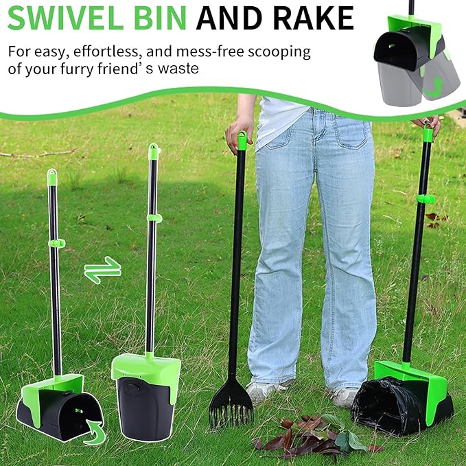 Pooper Scooper Large Swivel Bin & Rake with 160 Waste Bags,Heavy Duty Dog Pooper Scooper with Bag Attachment for Large Small Dogs, Long Handle Poop Scooper with Lid for Yard, Grass, Gravel (Green)