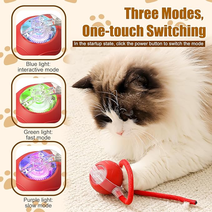 Interactive Cat Toys for Indoor Cats, 2025 New Interactive Cat Toys, Intelligent Automatic Rolling Pet Ball, Automatic Obstacle Avoidance Cat Toy Ball with Rope, Three Modes Adjustment (red)