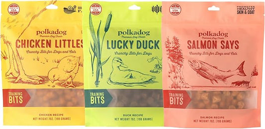 Polkadog Crunchy Training Bits Variety 3-Pack – Includes Chicken Littles, Lucky Duck, Salmon Says – All Natural Training Treats, Handcrafted in USA. Great for Dogs with Allergies – 7oz (Pack of 3)