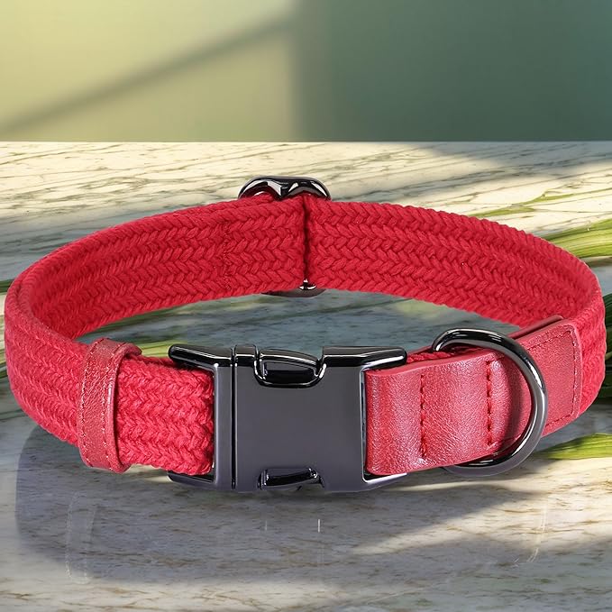 PET ARTIST Soft Cotton Dog Collar for Small Dogs in Glamorous Red, Simple Dog Collar with Quick Release Metal Buckle & D Ring, S Size (10-16")