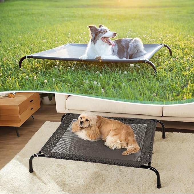Cooling Elevated Dog Bed with Non-Slip Floor Protectors & Breathable Mesh, Raised Indoor & Outdoor Dog Cot Hammock, 34" L x 25" W x 8" Th, Small, Grey