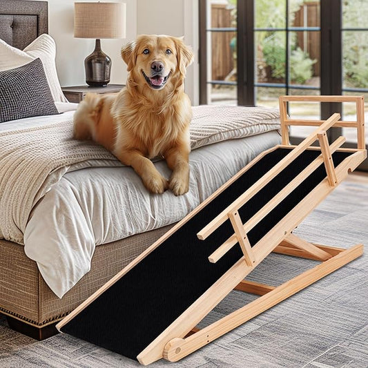 Dog Ramp, 5 Level Adjustable Height Folding Pet Ramp for High Bed, Portable Paw Ramps Large Bed Ramp for Medium & Large Old Dogs & Cats - Natural Wood Furniture Quality