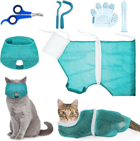 Patelai 5 Pcs Cat Bathing Bag Set Cat Grooming Bag Adjustable Pet Shower Net Muzzles Nail Clipper Tick Remover Tool Massage Brush(Green White)