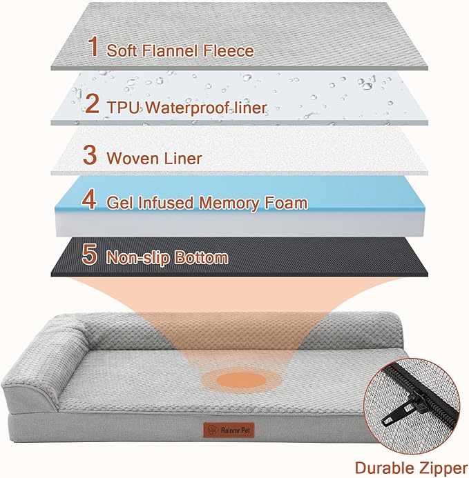 Orthopedic Dog Beds Large Sized Dog, 3 Inch Memory Foam Pet Bed for Medium and Large Dogs, Washable Removable Cover, Nonskid Bottom, Waterproof, 36x27 Inches L Light Grey