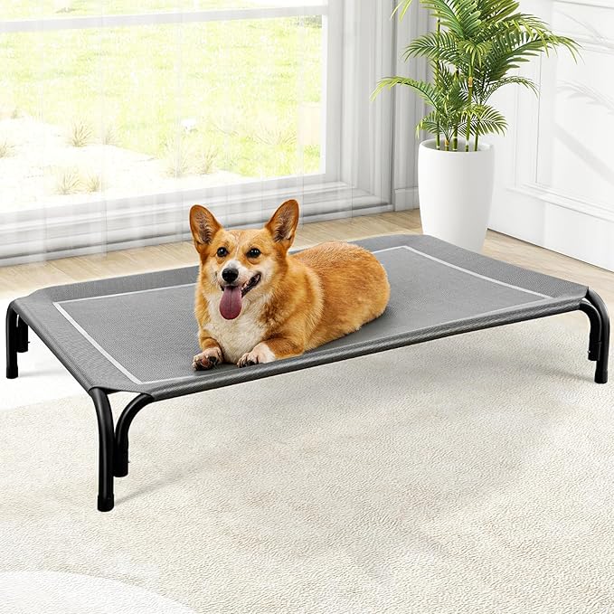 Elevated Dog Bed, Raised Outdoor Dog Bed for Medium Sized Dog, Portable Cooling Pet Cot with Breathable & Washable Mesh, Indoor & Outdoor Pet Hammock with Skid-Resistant Feet.