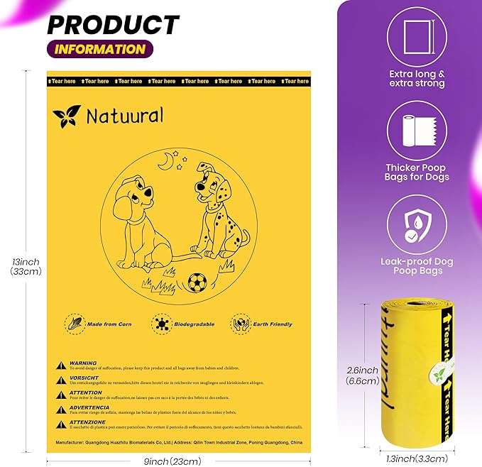 Dog Poop Bags-150 Counts with Holder (10 Rolls), Biodegradable Poop Bags, Eco-friendly and Easy to Open, Thick Dog Waste Bags (Yellow)