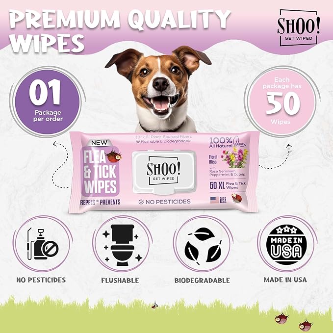 Shoo! Flea & Tick Wipes for Dogs | Convenient, Easy On-The-Go Protection | Plant Based, Natural Oils, Chemical Free | Repels & Prevents | 50 XL Wipes | (Floral Bliss)