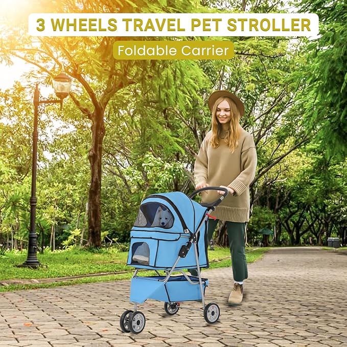 Foldable Pet Stroller for Cats and Dogs 3 Wheels Carrier Strolling Cart with Weather Cover, Mesh Panels，Storage Basket Cup Holder，Blue