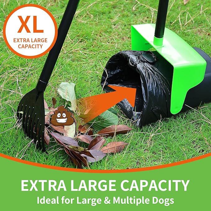 Pooper Scooper Large Swivel Bin & Rake with 160 Waste Bags,Heavy Duty Dog Pooper Scooper with Bag Attachment for Large Small Dogs, Long Handle Poop Scooper with Lid for Yard, Grass, Gravel (Green)