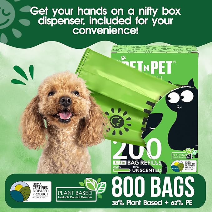 Pet N Pet 800 Counts Unscented Dog Poop Bags Rolls with Tie Handles, 38% Plant Based & 62% PE Poop Bags for Dogs, Extra-Thick Doggie Poo Bag, Pet Waste Bag