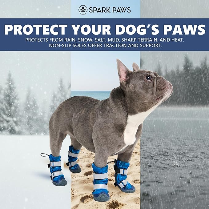 Spark Paws Dog Shoes, Waterproof Dog Boots for Medium to Large Dogs, Non Slip, Breathable Dog Booties and Paw Protectors - 4PCS Doggie Hiking Boots with Reflective Straps, Blue Camo, Size 2
