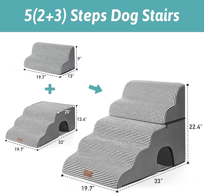 Wide Dog Stairs with Tunnel, Foam Detachable Large Dog Step for Small Pet, Puppy or Cats, Medium Pet Ramp for High Bed, Couch, Sofa or Car, 19.7x33x22.4 inch, 5 Step, White Black