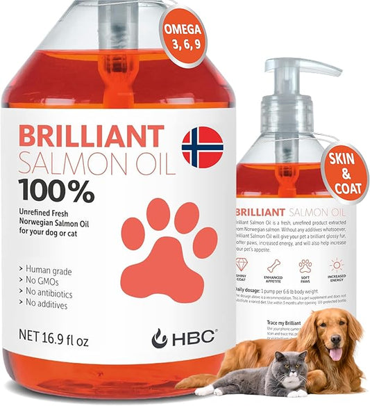 Salmon Oil for Dogs - Healthy Skin & Coat, All Natural Norwegian Fish Oil Food Supplement for Pets, Omega 3 EPA DHA, Ideal for Shedding, Allergy, Itching, Dry Skin, Joint & Bone Health - 16.9 Oz