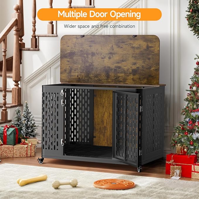 Heavy Duty Dog Crate Furniture for Large and Medium Dogs, 43.7 Inch Large Dog Crate Kennel with Flip Top & Cushion & Wheels, Escape Proof Pet Cage for High Anxiety Dogs