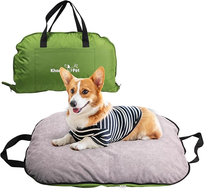 Portable Waterproof Dog Mat for Camping, Patio & Travel - Foldable Outdoor Dog Bed with Teflon Shell & Removable Plush Pad - Easy Clean, Durable - M (Sage Green)