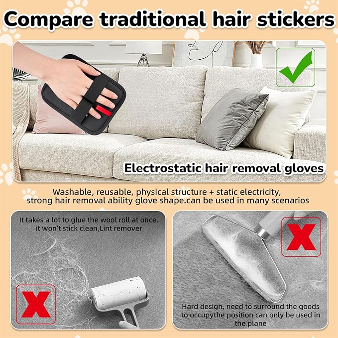 Pet Hair Remover, electrostatic pet Hair Removal Gloves, cat and Dog pet Hair Removal Tools, Suitable for Bed Sheets, Blankets, Clothes, Sofas, Multi-Functional Beauty Gloves -2 Piece