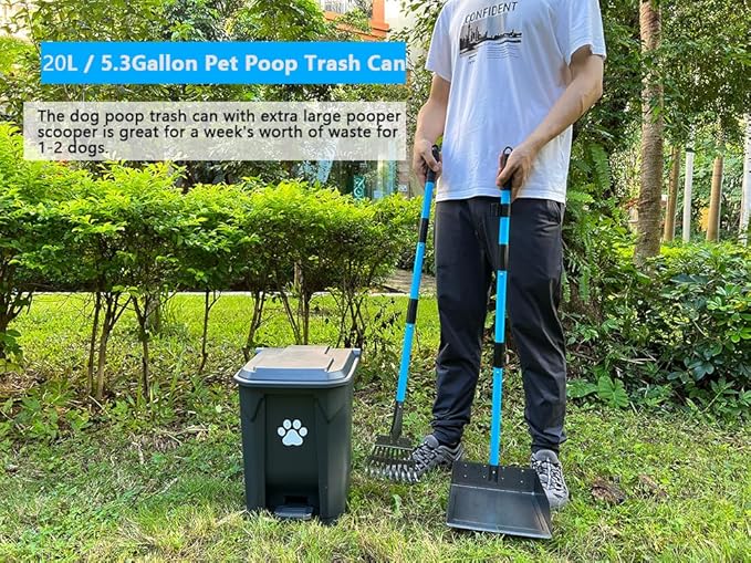 Dog Poop Trash Can for Outdoors with Extra Large Pooper Scooper & 50 Waste Bags - 20L/5 Gallon Large Dog Poop Trash Can Outside with Lid and Removable Inner Bucket Waterproof Odor Control for Backyard