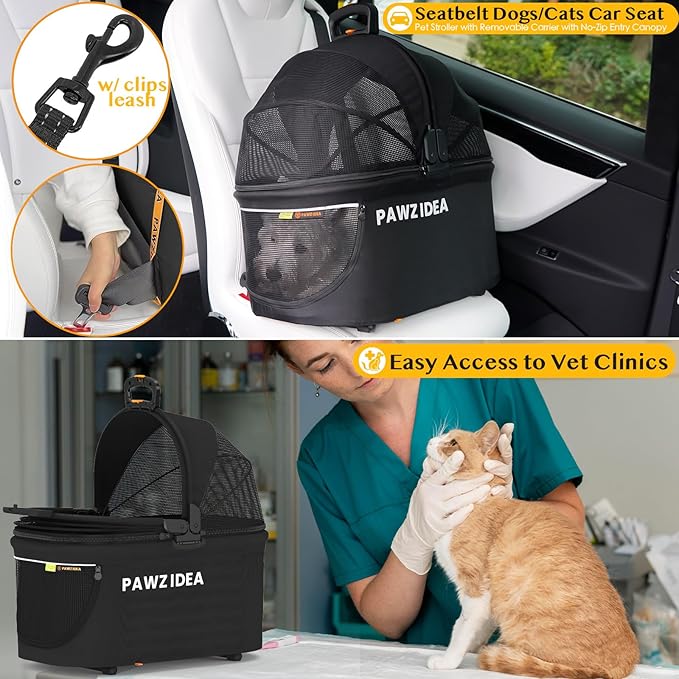 PAWZIDEA Double Pet Stroller with 2 Detachable Carriers, Portable Dog Crate for Car Travel & TSA-Approved Expandable Cat Carrier, Foldable Lightweight Jogger Stroller for 2–4 Cats or Small/Medium Dogs