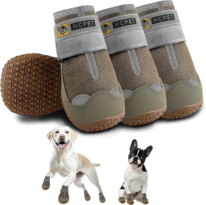 Hcpet Dog Shoes for Large Dogs, Breathable Dog Booties for Small Medium Dogs, Anti-Slip Dog Boots & Paw Protectors for Hot Pavement Winter Snow Hiking with Reflective Straps Army Green Size 1
