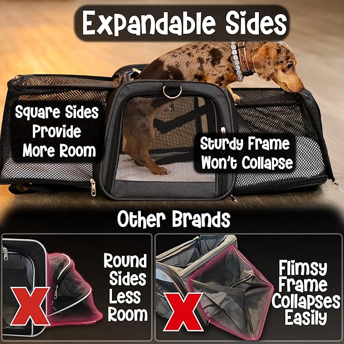 Pet Carrier with Wheels | United Delta American Frontier Airline Approved | Two Expandable Sides, Storage Pockets Adjustable Leash | Rolling Dog and Cat Carrier TSA Compliant (Grey)