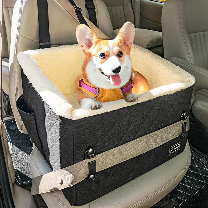PETSFIT Dog Car Seats for Small Dogs, Soft Foam Dog Booster Seat with Patented Safety Buckles, Storage Pockets and Detachable Clip-On Safety Leash, Dog Car Seat for Medium Dogs 30 LBS (Black)