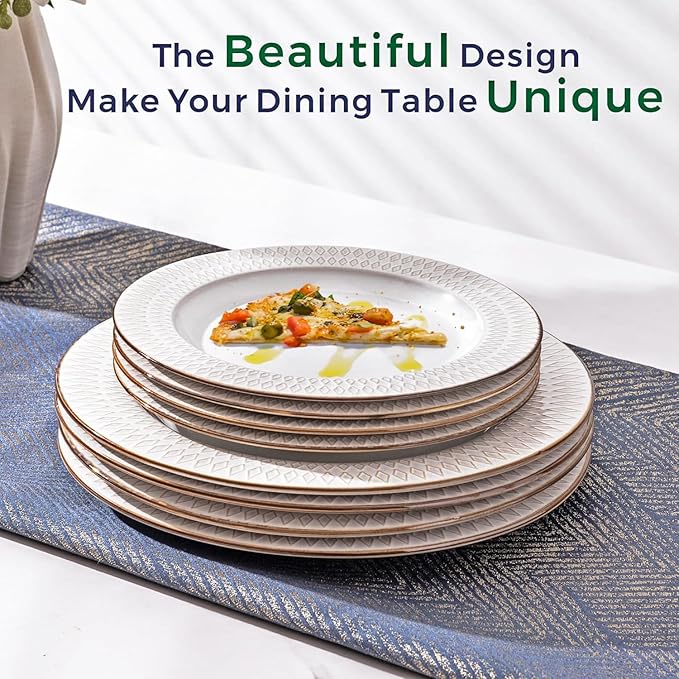 GBHOME Ceramic Dinnerware Sets, 24 pcs Embossed Elegant Stoneware Plates and Bowls Sets, Housewarming Wedding Gift | Dishwasher & Microwave Safe | Dishes Set Service for 8