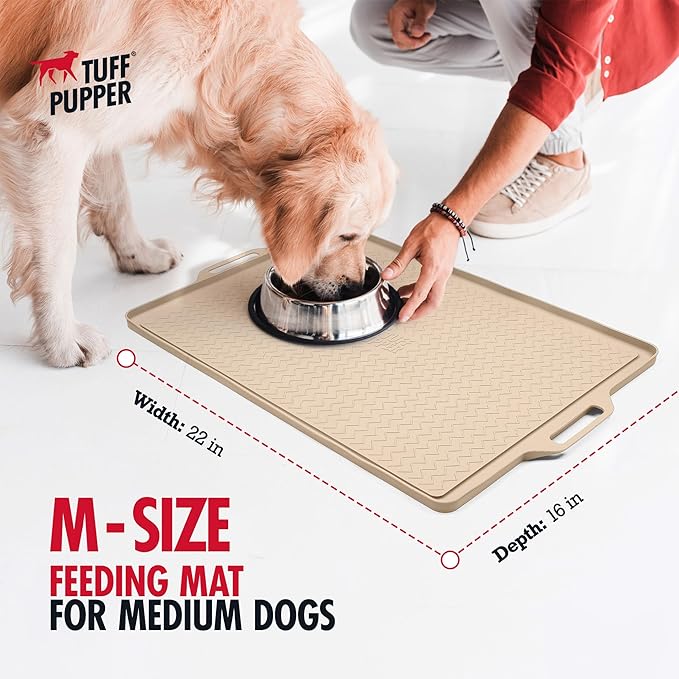 Tuff Pupper 22x16 Medium Dog Feeding Mat for Food and Water | Dog Feeding Mats for Floors | Waterproof Puppy Water Bowl Mat | Dogs Placemats Pet Food Tray | Silicone Eating Mats for Cats and Cat Bowls