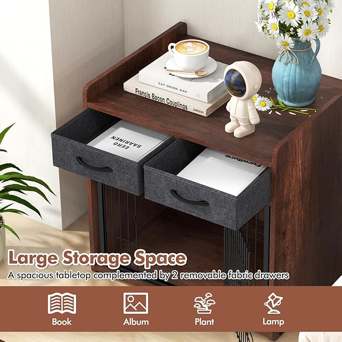 PETISITE Wooden Dog Crate with Lockable Door, Adjustable Foot Pads, 2 Fabric Drawers, Indoor Kennel Side Table for Small & Medium Dogs, 24.5 x 19.5 x 25 in