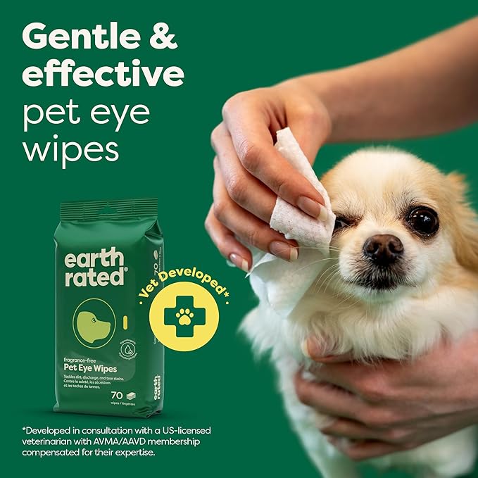 Earth Rated Vet-Developed Pet Eye Wipes, Hypoallergenic Cleaner for Dogs & Cats Eyes to Remove Dirt & Discharge, Fragrance Free, 70 Count