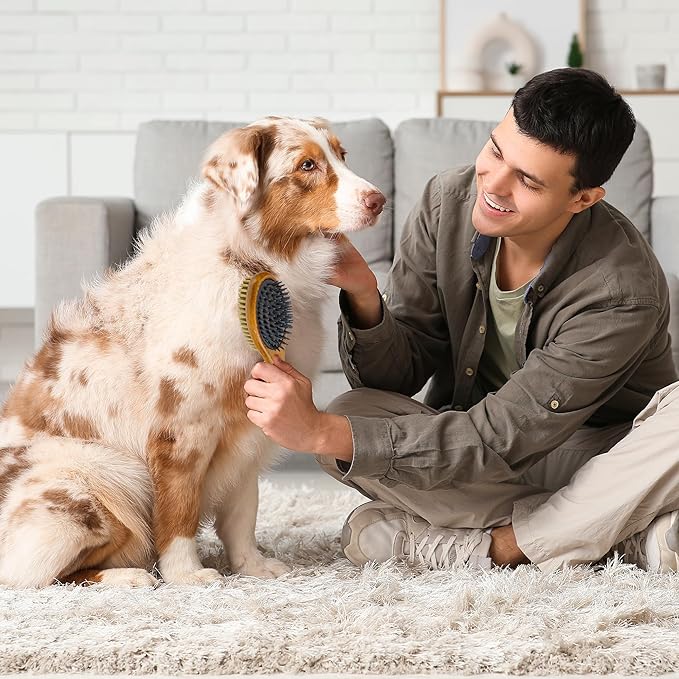 TAKAVU Short Hair Dog & Cat Deshedding Brush - Double Sided Grooming Tool with Silicone Massage & Bristle Sides - Removes Loose Fur & Dirt - Wood Handle