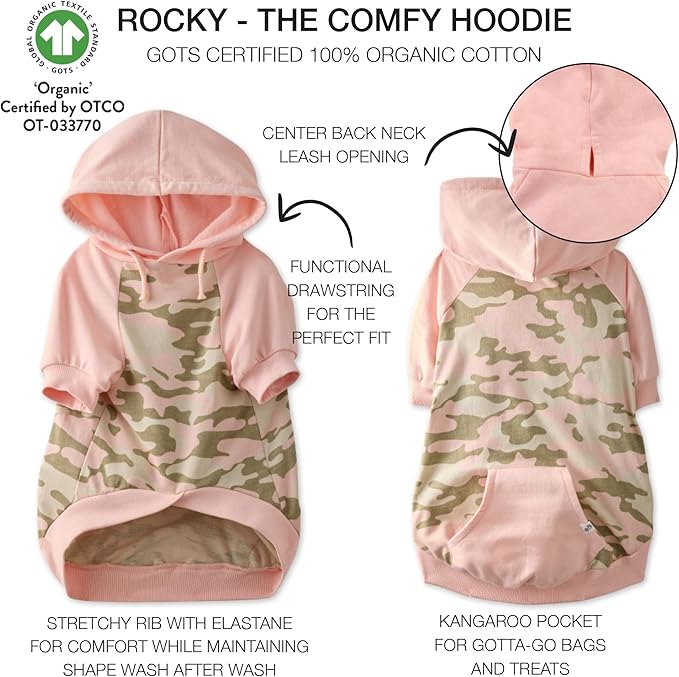 Rocky – The Orginal Lightweight Hooded TEE 100% Organic Cotton Dog Hoodie Pet Coat Sweater for Small, Medium, Large Dogs, Pink Half Camo, Small