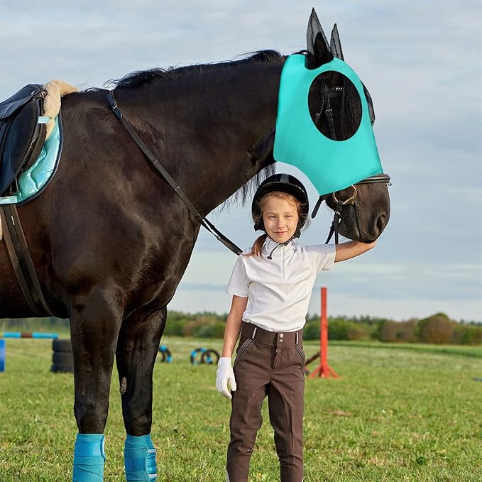 Frienda 4 Pcs Horse Fly Masks with Ears Head Fly Masks for Horses Smooth Elastic UV Protection Cover from Summer Insect Pests(Medium,Black, Gray, Blue, Mint Green)