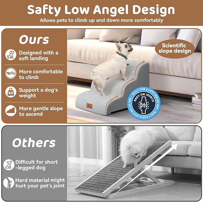 Dog Ramp and Stair for Bed 16" H-20 H,3-Step Cat Stair for Sofa and Chair,4-Step Dog Ramp for High Bed and Window,Durable Nonslip Fabric Cover for Indoor (Light Grey-16 H, Pet Friendly, 3)