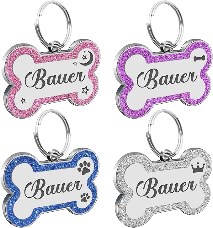 Dog Tags Personalized for Pets Dog Name Tags Personalized Dog Tag Engraved with Any Name & Text Custom Dog ID Tags Glitter Bone ID Tag for Puppy Cat (Silver S, Bone)