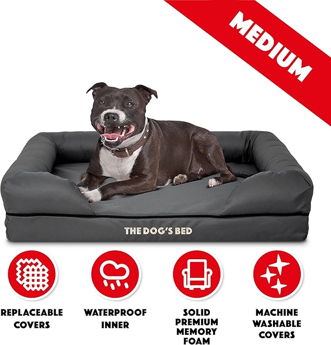 The Dog’s Bed Medium Oxford Grey 30x23.5, Memory Foam, Pain Relief: Arthritis, Hip & Elbow Dysplasia, Post Surgery, Lameness, Supportive, Calming, Waterproof Washable Cover, Veterinary Approved
